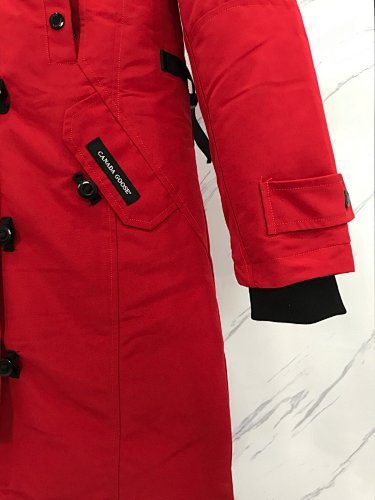 Canada Goose Red Long Hooded Parka with Textured Trim