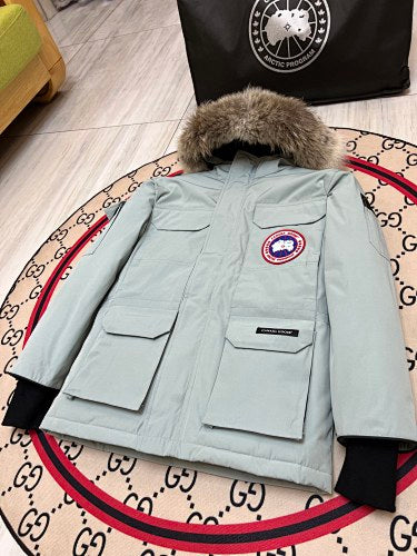 Canada Goose Light Grey Hooded Parka with Four Flap Pockets