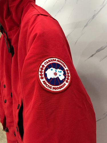 Canada Goose Red Long Hooded Parka with Textured Trim