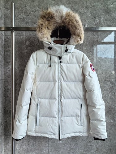 Canada Goose White Hooded Puffer Jacket with Textured Trim