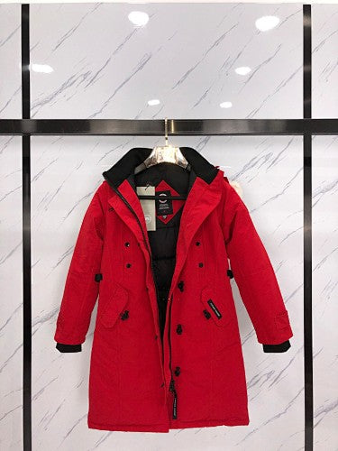 Canada Goose Red Long Hooded Parka with Textured Trim