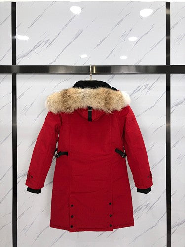 Canada Goose Red Long Hooded Parka with Textured Trim