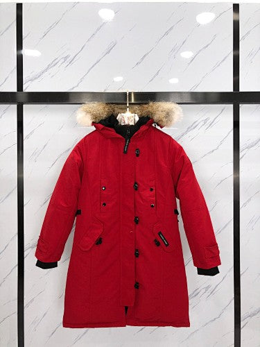 Canada Goose Red Long Hooded Parka with Textured Trim