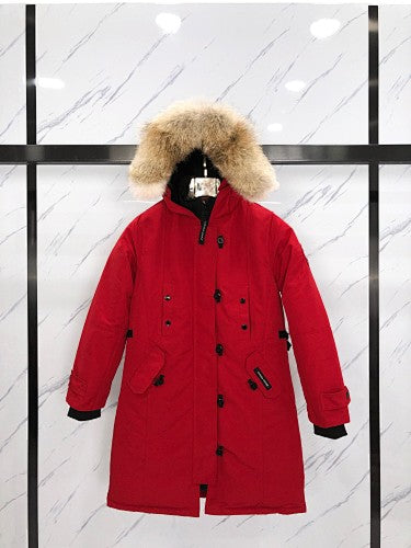 Canada Goose Red Long Hooded Parka with Textured Trim