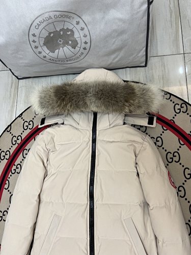 Canada Goose Cream Long Hooded Puffer Coat with Black Zipper
