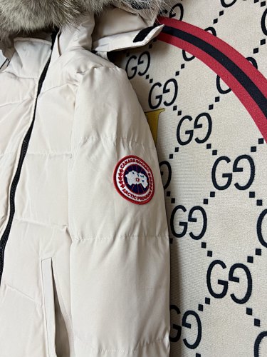 Canada Goose Cream Long Hooded Puffer Coat with Black Zipper