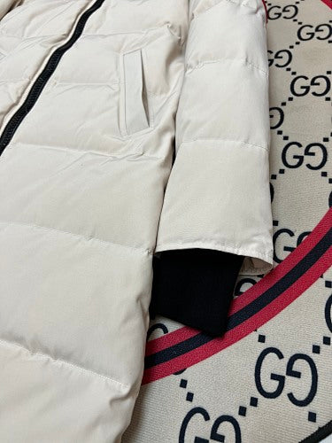 Canada Goose Cream Long Hooded Puffer Coat with Black Zipper