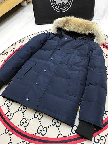 Canada Goose Navy Hooded Puffer Jacket with Textured Trim