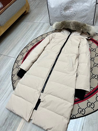 Canada Goose Cream Long Hooded Puffer Coat with Black Zipper