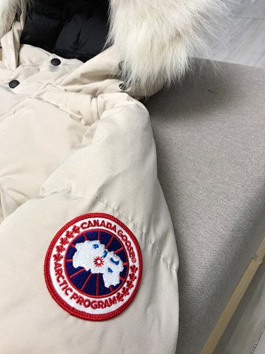 Canada Goose Cream Long Hooded Puffer Coat with Flap Pockets