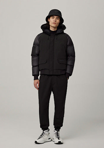 Men's Black Hooded Jacket with Quilted Sleeves and Arm Pocket