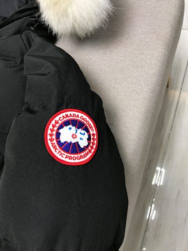 Canada Goose Black Long Hooded Puffer Coat with Textured Trim