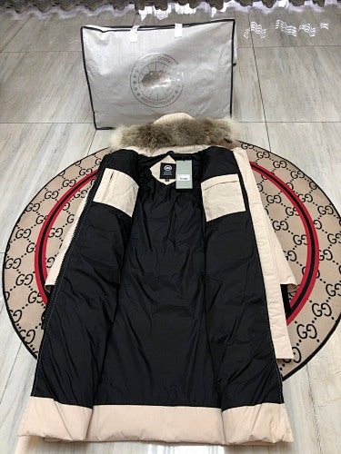 Canada Goose Cream Long Hooded Puffer Coat with Black Zipper