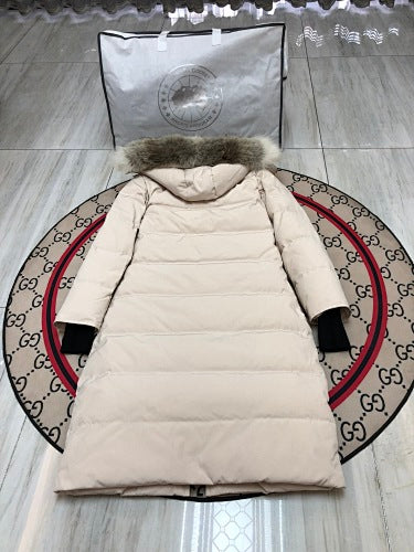 Canada Goose Cream Long Hooded Puffer Coat with Black Zipper