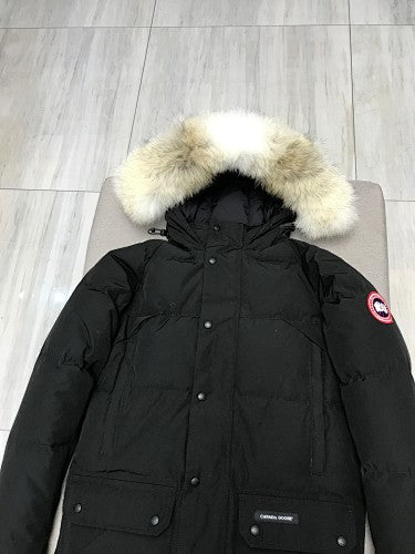 Canada Goose Black Long Hooded Puffer Coat with Textured Trim