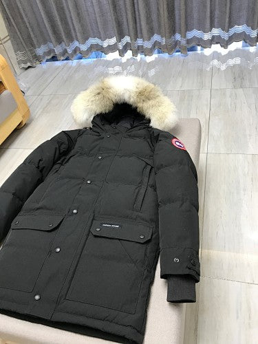 Canada Goose Black Long Hooded Puffer Coat with Textured Trim