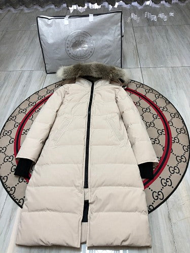 Canada Goose Cream Long Hooded Puffer Coat with Black Zipper
