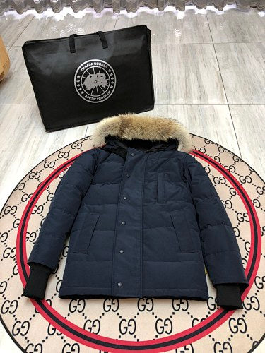 Canada Goose Navy Hooded Puffer Jacket with Textured Trim