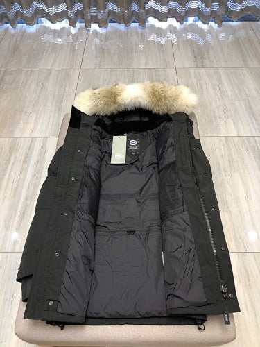 Canada Goose Black Long Hooded Puffer Coat with Textured Trim