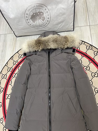 Canada Goose Grey Long Hooded Puffer Coat with Textured Trim