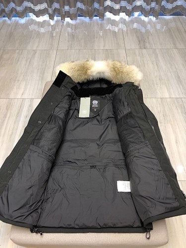 Canada Goose Black Long Hooded Puffer Coat with Textured Trim