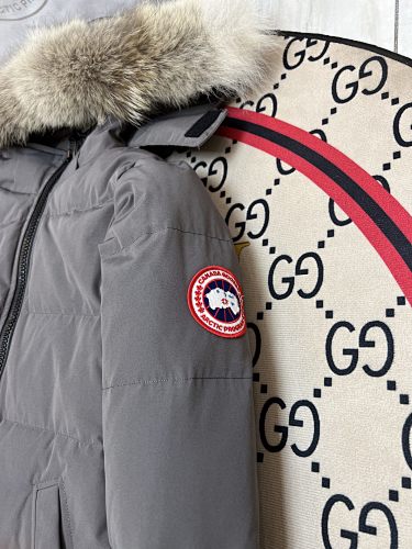 Canada Goose Grey Long Hooded Puffer Coat with Textured Trim
