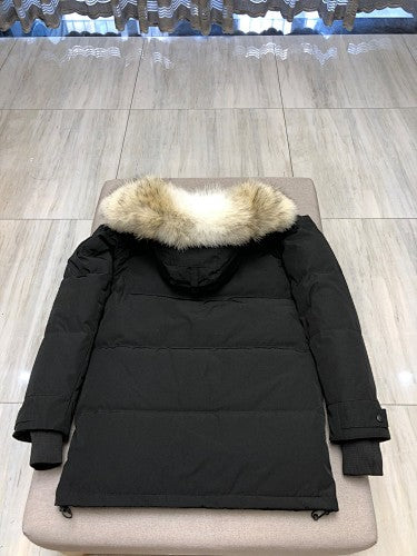 Canada Goose Black Long Hooded Puffer Coat with Textured Trim