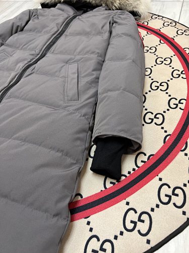 Canada Goose Grey Long Hooded Puffer Coat with Textured Trim