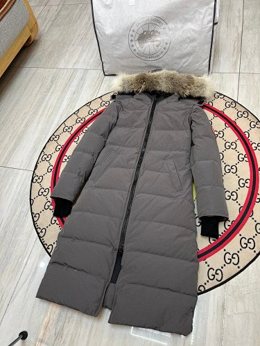Canada Goose Grey Long Hooded Puffer Coat with Textured Trim