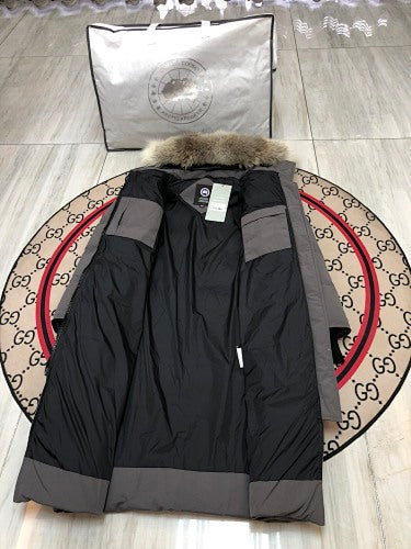 Canada Goose Grey Long Hooded Puffer Coat with Textured Trim