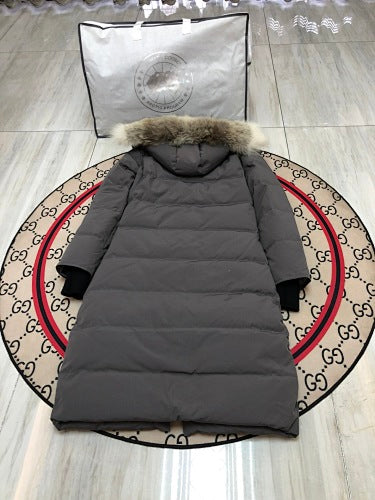 Canada Goose Grey Long Hooded Puffer Coat with Textured Trim