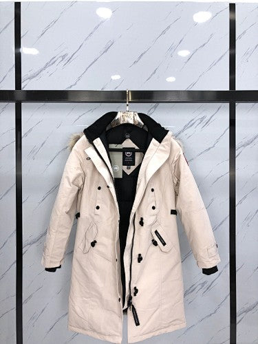 Canada Goose Cream Long Hooded Parka with Textured Trim