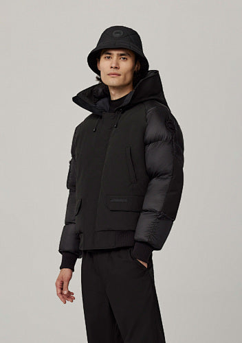 Men's Black Hooded Jacket with Quilted Sleeves and Arm Pocket