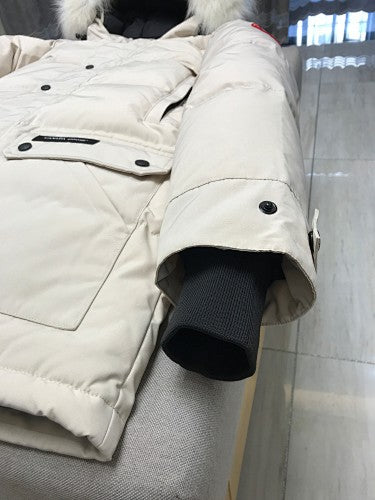 Canada Goose Cream Long Hooded Puffer Coat with Flap Pockets