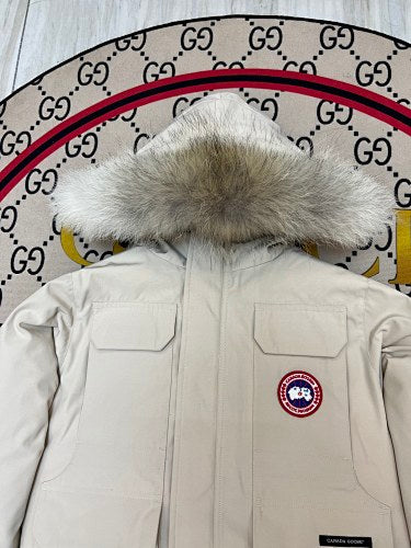 Canada Goose Cream Hooded Parka with Four Flap Pockets