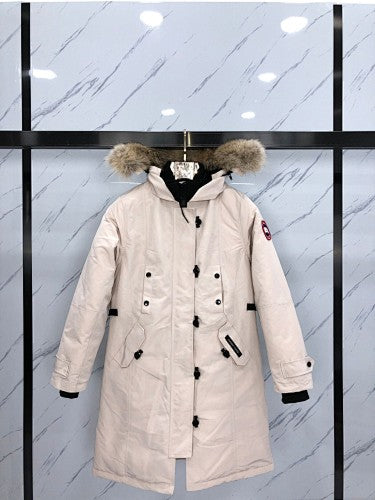 Canada Goose Cream Long Hooded Parka with Textured Trim