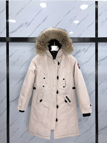 Canada Goose Cream Long Hooded Parka with Textured Trim