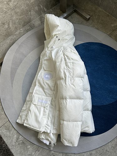 Canada Goose White Hooded Puffer Jacket with Flap Pockets