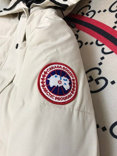 Canada Goose Cream Long Hooded Puffer Coat with Textured Trim