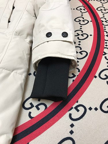 Canada Goose Cream Long Hooded Puffer Coat with Textured Trim