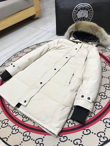 Canada Goose Cream Long Hooded Puffer Coat with Textured Trim