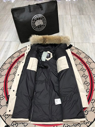 Canada Goose Cream Long Hooded Puffer Coat with Textured Trim