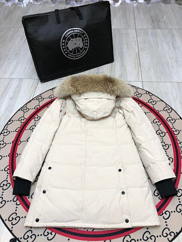 Canada Goose Cream Long Hooded Puffer Coat with Textured Trim