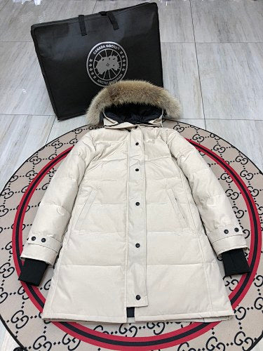 Canada Goose Cream Long Hooded Puffer Coat with Textured Trim