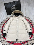 Canada Goose Cream Long Hooded Puffer Coat with Textured Trim