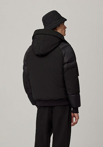 Men's Black Hooded Jacket with Quilted Sleeves and Arm Pocket