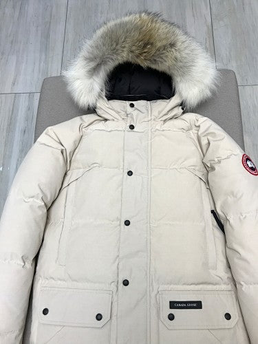 Canada Goose Cream Long Hooded Puffer Coat with Flap Pockets