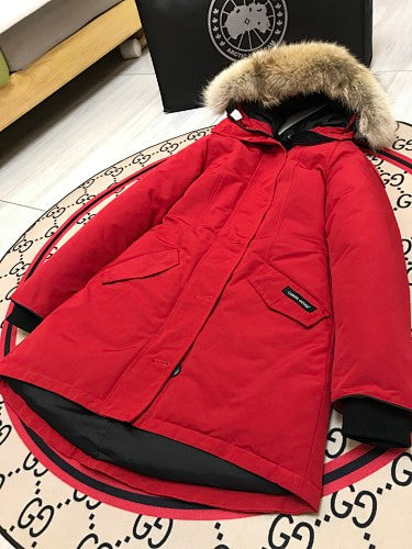 Canada Goose Red Hooded Parka with Textured Trim