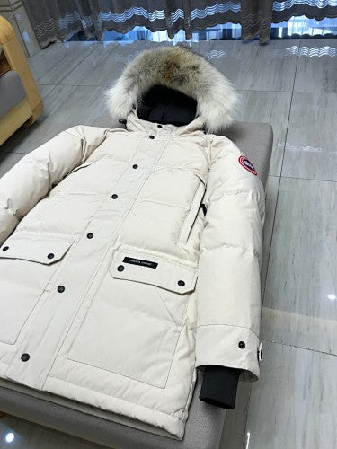 Canada Goose Cream Long Hooded Puffer Coat with Flap Pockets