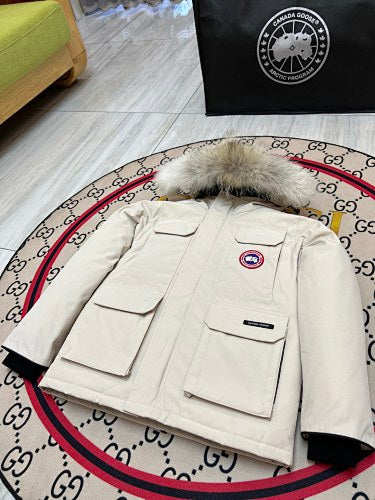 Canada Goose Cream Hooded Parka with Four Flap Pockets